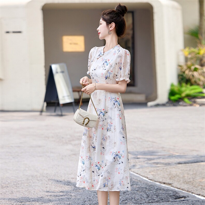 新中式印花改良旗袍连衣裙女2024夏季新款气质修身显瘦小清新裙子,女装连衣裙,乐吉娜