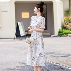 新中式印花改良旗袍连衣裙女2024夏季新款气质修身显瘦小清新裙子，女装连衣裙，乐吉娜