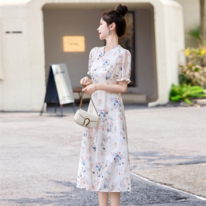 新中式印花改良旗袍连衣裙女2024夏季新款气质修身显瘦小清新裙子图片