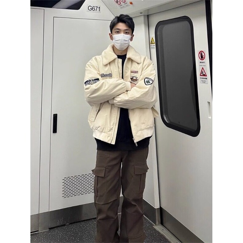 加绒加厚羊羔绒外套男款冬季美式摇粒绒棒球棉服翻领刺绣保暖棉衣,男装棉衣,星座908-1