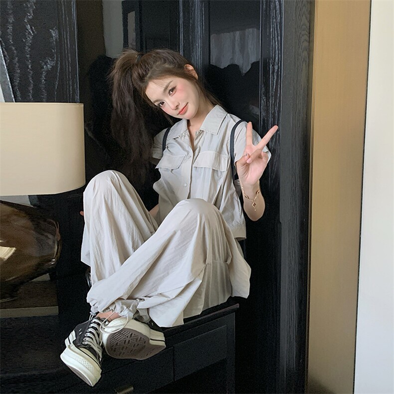 高级感炸街甜酷工装短袖套装女2025夏季新款时尚拖地阔腿裤两件套,女装套装/套裙,纯色衣恋
