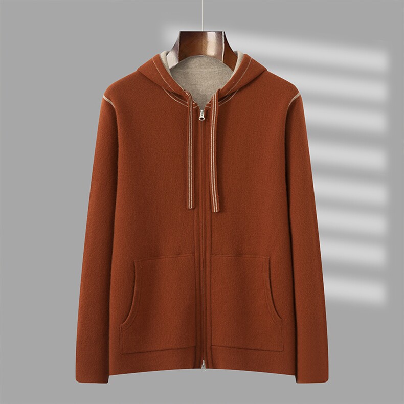 男士桔色连帽长袖开衫，男装针织衫/毛衣，君道羊绒