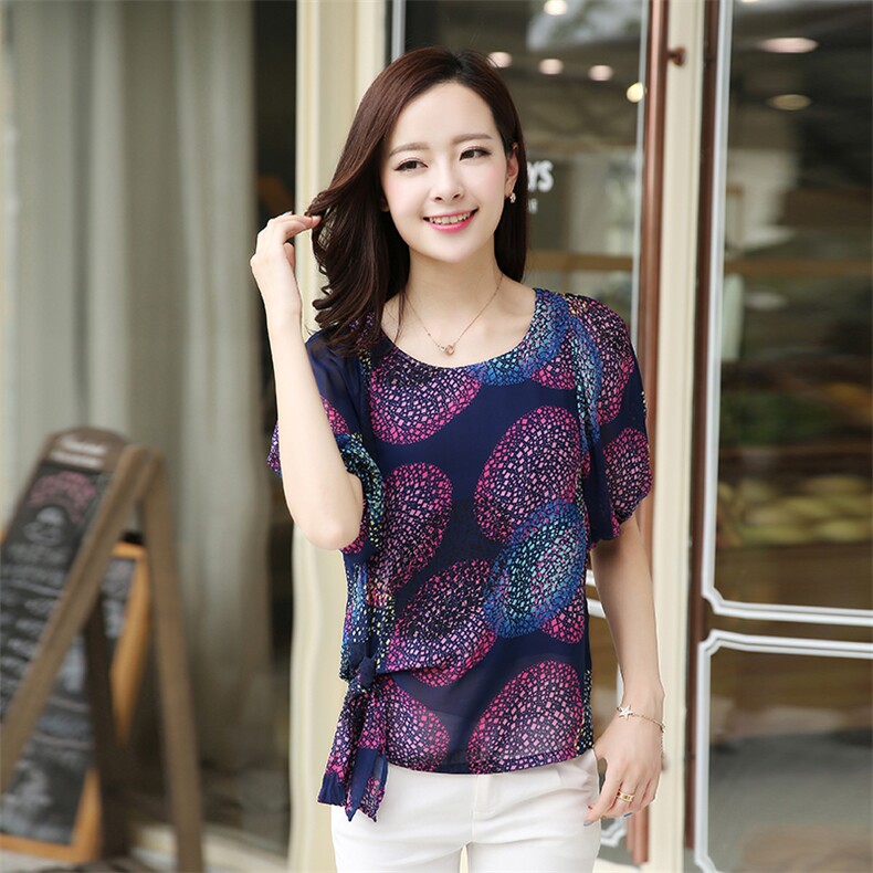 短袖套头2021年夏季宽松绑带印花3D插肩袖圆领T恤雪纺衫，女装蕾丝衫/雪纺衫，尚洛菲
