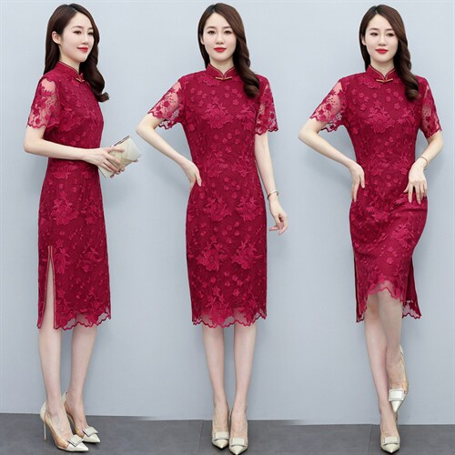 2022年秋冬新款蕾丝旗袍婚庆喜宴中长修身显瘦百搭专柜品质连衣裙，女装汉服/婚纱/旗袍/礼服，媚琳依坊