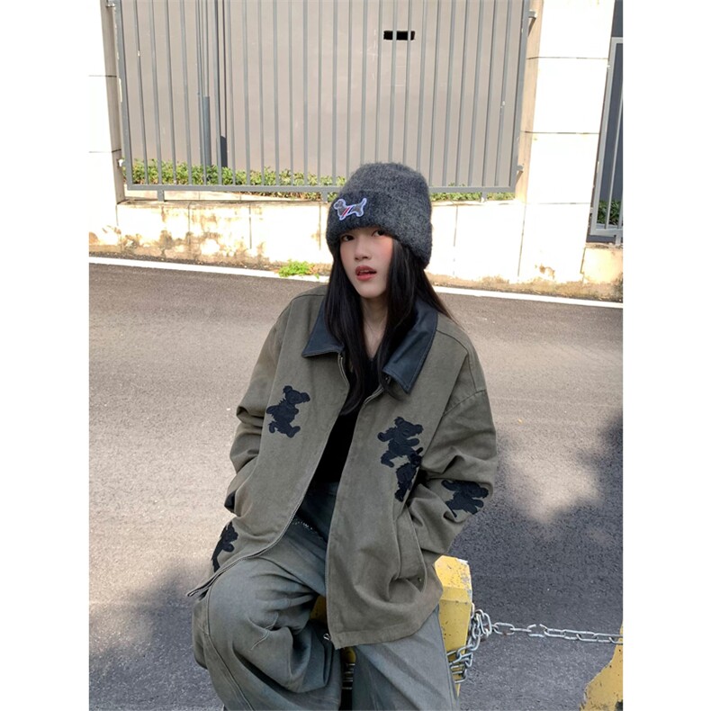 网图有货美式巴恩风卡通小熊刺绣工装外套皮领夹克男女A953-P68,男装夹克,星座1505
