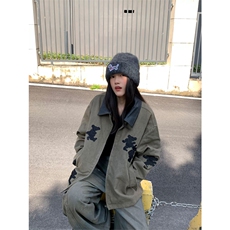 网图有货美式巴恩风卡通小熊刺绣工装外套皮领夹克男女A953-P68，男装夹克，星座1505