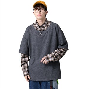 2021秋季新网格挂拍日系大码男格子衬衫T恤假两件卫衣W5020-P50图片