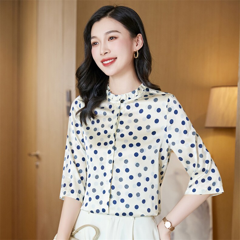 高档品牌重磅真丝衬衫女中袖桑蚕丝2025新款气质波点洋气大码上衣,女装衬衫,阿舍尔精品