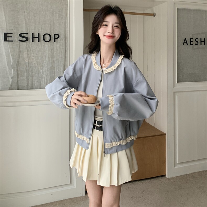 蓝色蕾丝花边棒球服外套女2025春季新款韩系学院风减龄小个子上衣,女装短外套,维壹
