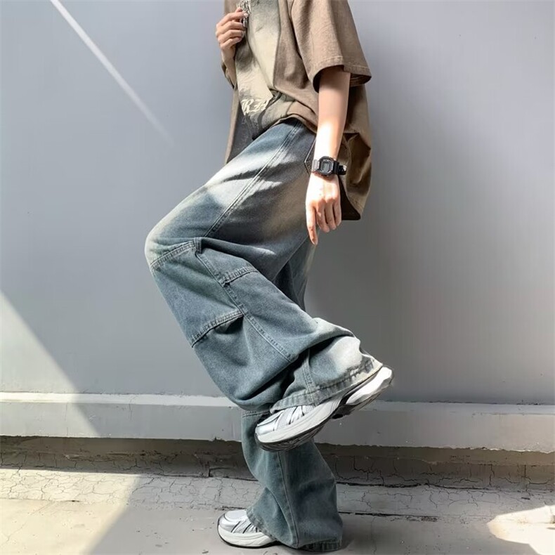 美式复古牛仔裤男士春秋款高街宽松阔腿裤子潮牌休闲直筒长裤,男装牛仔裤,星座716-2