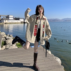 oversize撞色领带灯芯绒衬衫女春秋2026新款独特设计感学院风上衣，女装短外套，2C159
