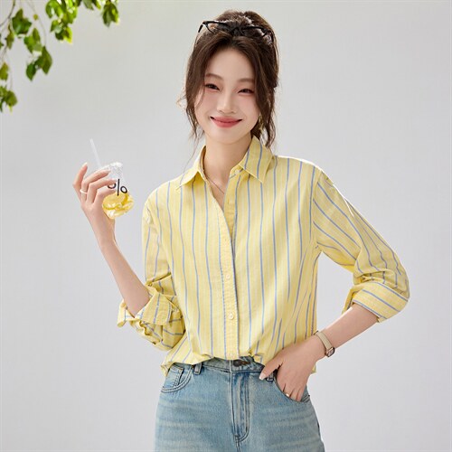 2026春夏新款黄蓝条纹衬衫女宽松显瘦元气少女感衬衣韩系清爽竖条