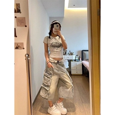 N152-特P55多口袋水洗五分牛仔短裤美式宽松阔腿工装七分裤，男装牛仔裤，电商B327