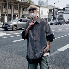 夏季日系复古假两件短袖衬衫男CityBoy休闲五分袖细条纹拼接衬衣，男装衬衫，星座505-2（原电商A260-1)