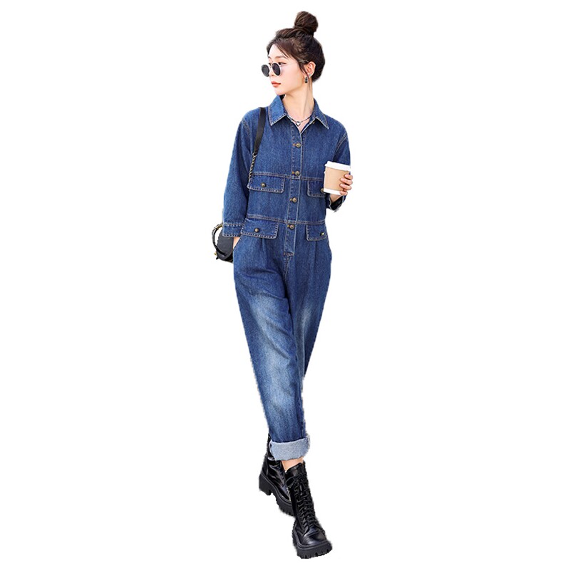 时尚显瘦牛仔连体裤女宽松高腰长袖休闲工装裤百搭气质女装,女装连体裤,秋水欣儿