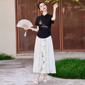 蓝语大码女装胖mm复古国风刺绣黑色T恤2025夏季显瘦立领短袖上衣图片