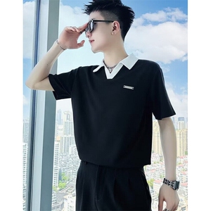 韩版翻领POLO衫男短袖修身V领痞帅半袖上衣服休闲男装潮t T378图片