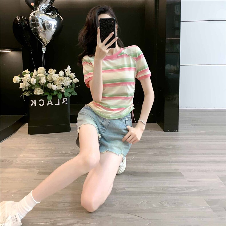 女夏季新款韩版运动休闲套装修身显瘦圆领条纹短袖牛仔短裤两件套,女装套装/套裙,江南