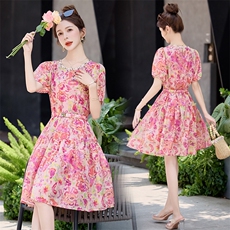 新中式国风连衣裙女夏季2025新款小个子收腰显瘦洋气法式印花裙子，女装连衣裙，韩宇舍