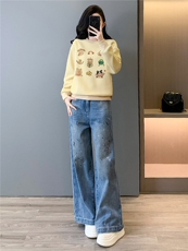 潮流时尚百搭套装女春季款时髦显瘦圆领印花长袖卫衣牛仔裤两件套，女装套装/套裙，江南