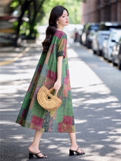 复古印花休闲棉麻连衣裙女2026夏季大码胖mm宽松遮肚显瘦A字裙子，女装连衣裙，倪叶myz