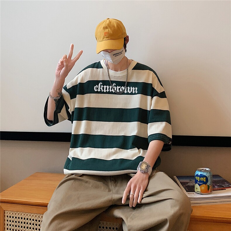 1港风美式字母印花设计大码M-5XL潮条纹短袖T恤男77023P35控58,男装T恤,星座226-2