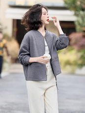 米白色休闲棒球服短外套女2025春秋新款宽松百搭圆领卫衣开衫上衣，女装短外套，梦懿尔