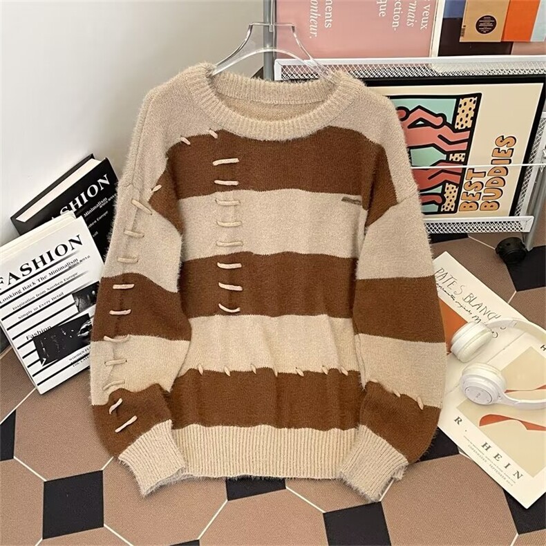 男设计感潮流撞色条纹套头毛衣圆领冬季宽松型常规长袖MY576P56，男装针织衫/毛衣，星座1013-5