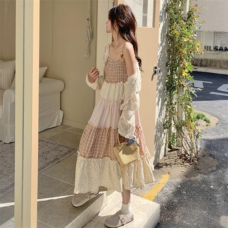森系穿搭碎花拼接格纹连衣裙套装女2025春新款蕾丝开衫长裙两件套图片