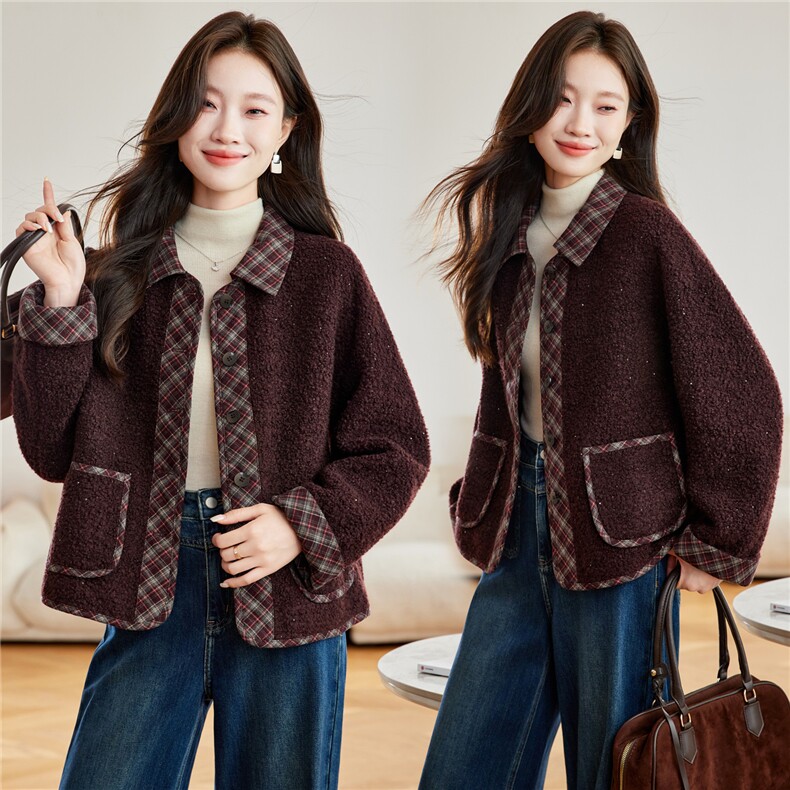 2025年冬季格子拼接羊羔毛上衣皮毛一体外套，女装羊羔毛/颗粒绒，简韵佳