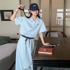 浅蓝色学院风poloT恤半身裙套装女2025夏季新款休闲小个子两件套，女装套装/套裙，2C206
