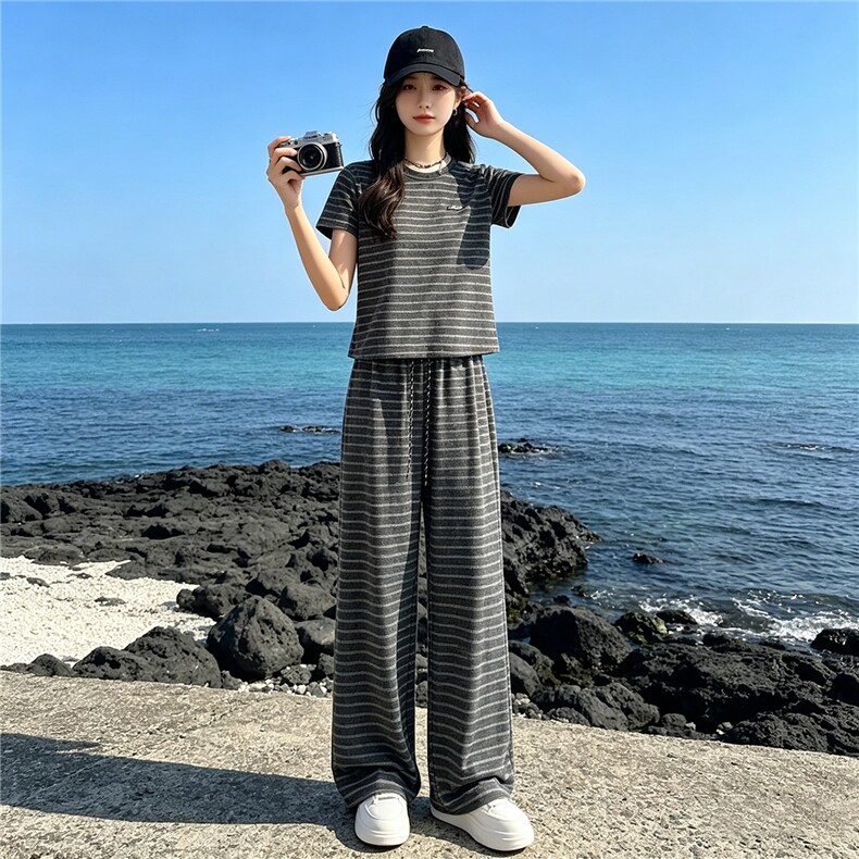 女夏季新款时尚休闲套装欧货圆领条纹短袖上衣高腰阔腿长裤两件套,女装套装/套裙,江南