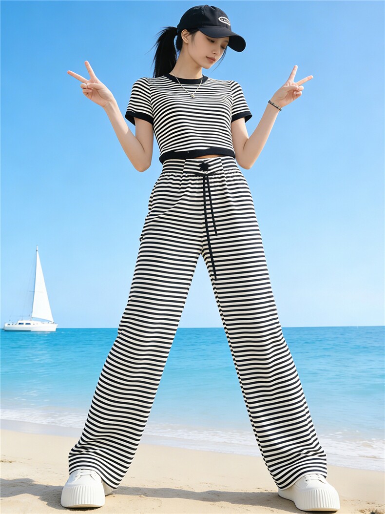 黑白条纹阔腿裤套装女夏季新款潮流时尚显瘦短款上衣长裤两件套潮,女装套装/套裙,江南