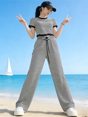 黑白条纹阔腿裤套装女夏季新款潮流时尚显瘦短款上衣长裤两件套潮，女装套装/套裙，江南