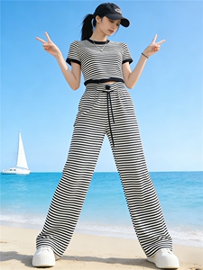 黑白条纹阔腿裤套装女夏季新款潮流时尚显瘦短款上衣长裤两件套潮图片