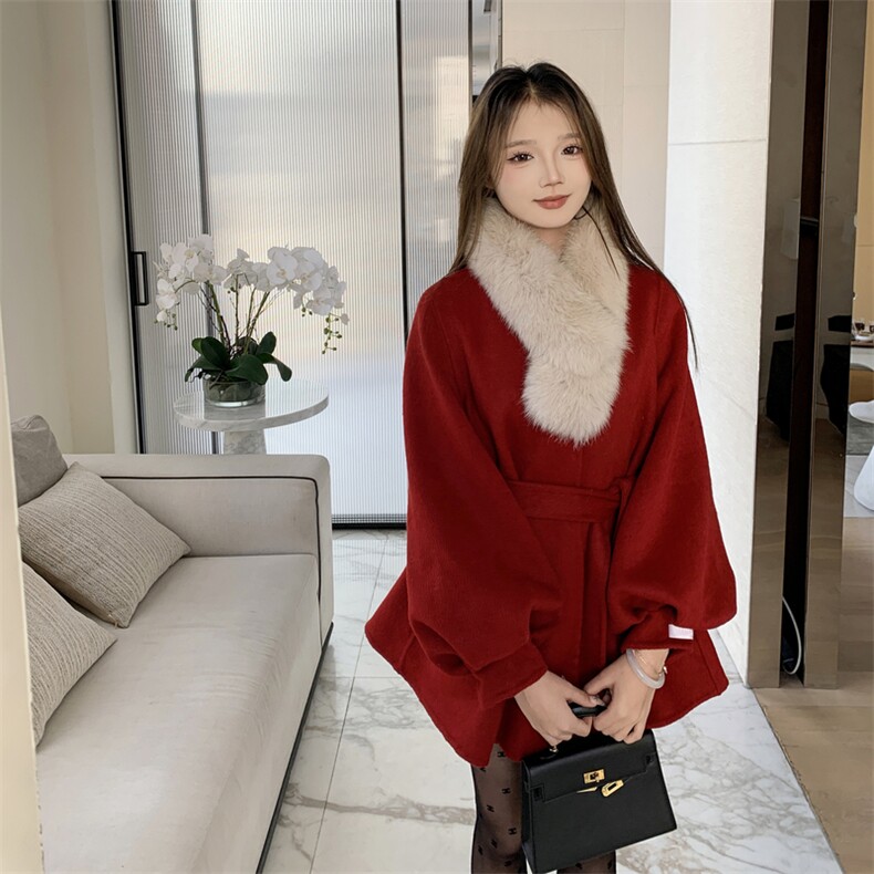 现货新款圣诞款2176-P350-K520双面羊绒大衣配围脖,女装双面呢大衣,韩然一族