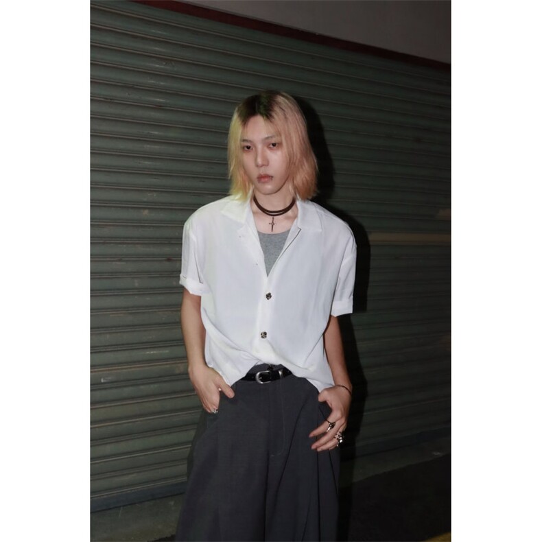 得物抖音品质二开老钱风亚麻冰丝纹短袖衬衫男女休闲美式潮牌衬衣,男装T恤,电商A486