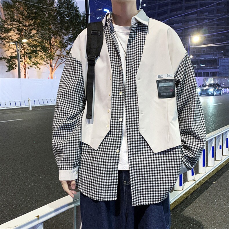男春季衬衫假两件格子长袖衬衫C0005P39图片
