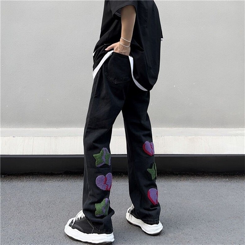 夏季慵懒风毛巾绣牛仔裤男士潮牌小众设计感九分裤百搭修身直筒裤,男装牛仔裤,星座506A