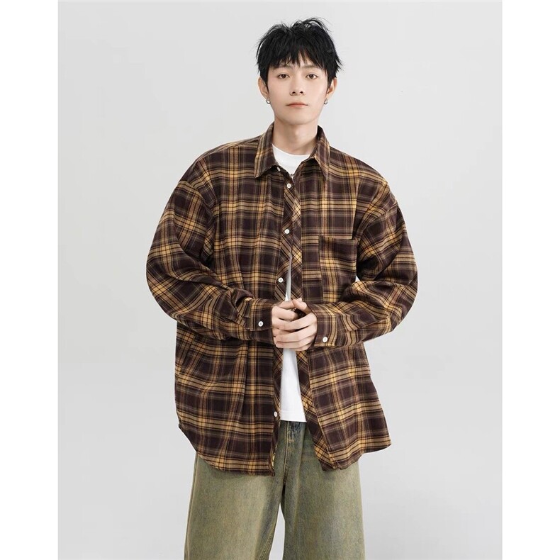 1506/QCS3750/P37格子长袖衬衫男生日式复古潮流翻领上衣图片