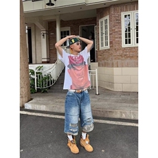 CP1235-P49美式复古拼接迷彩破洞牛仔七分裤夏季男女宽松休闲短，男装牛仔裤，电商B323A