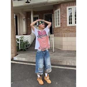 CP1235-P49 美式复古拼接迷彩破洞牛仔七分裤夏季男女宽松休闲短图片