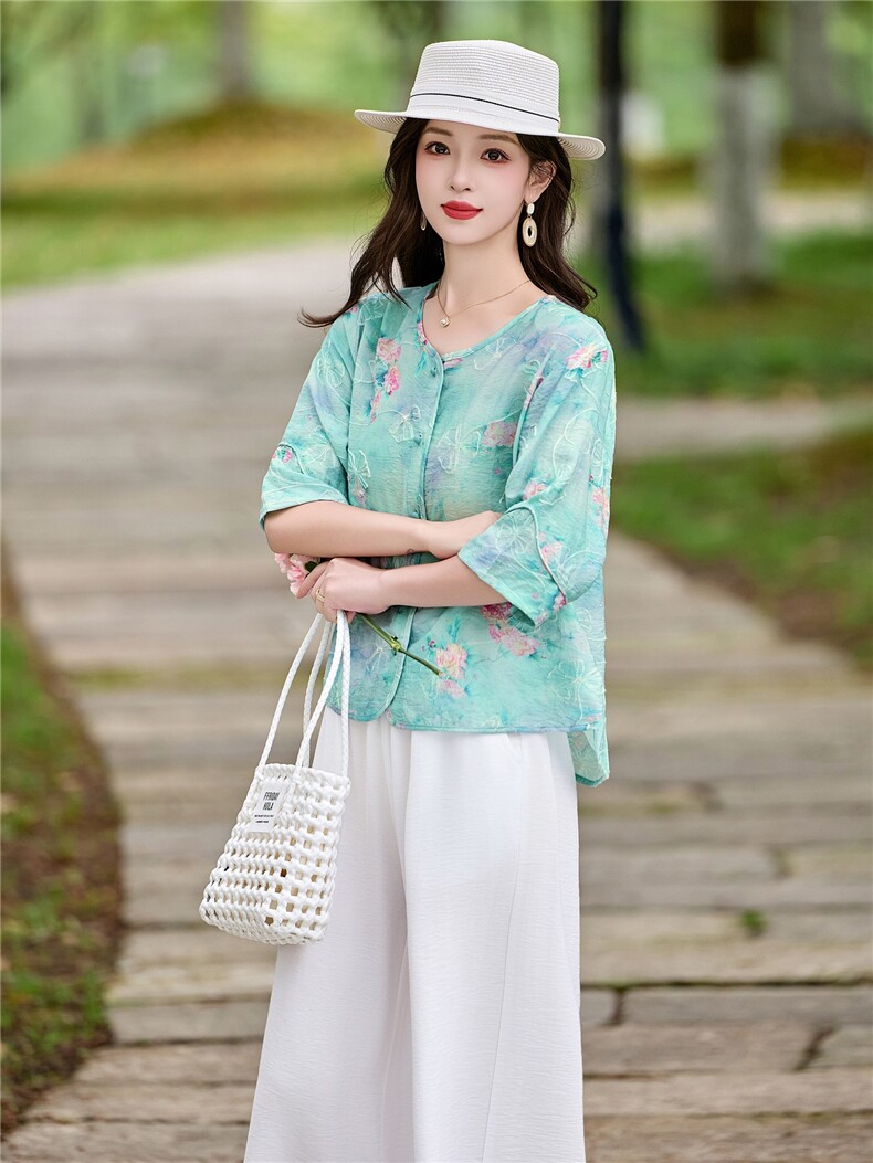 时尚洋气刺绣棉麻套装女2026夏季新款宽松遮肉显瘦阔腿裤两件套,女装套装/套裙,魅影