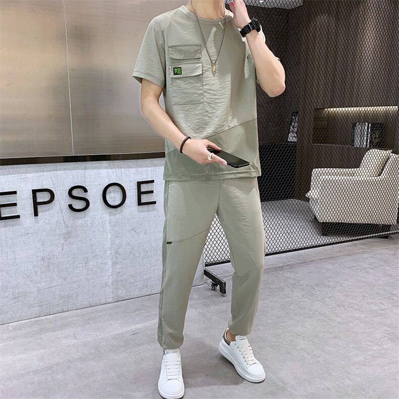 夏季冰丝薄款短袖T恤休闲两件套宽松潮流空调长裤A436-2131-P60,男装T恤,电商A436