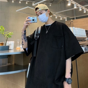 C306 P29时尚潮牌潮五分袖港风口袋ins新款纯色青春流行男圆领夏图片