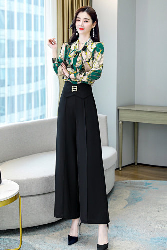 春夏新款印花系带舒适透气衬衣搭高腰阔腿裤洋气减龄两件套高级感，女装套装/套裙，卡杰菲