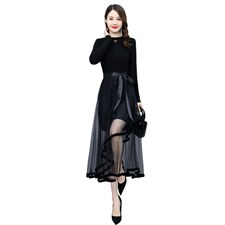 现货2022春秋冬打底季新款收腰显瘦法式针织拼接网纱打底连衣裙女，女装连衣裙，然然