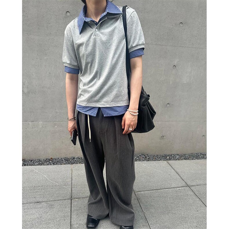 得物抖音高品质二开夏季美式潮牌高街假两件格子衬衣翻领短袖T恤,男装T恤,电商A486