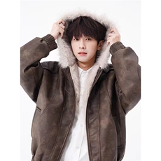 加绒加厚冬款男女连帽棉衣扎染PU皮棉袄毛领保暖皮棉服MY94P110，男装棉衣，星座1013-1