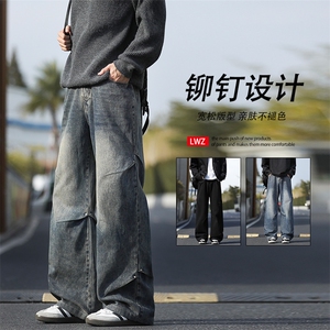 复古高街做旧褶皱时尚裤美式宽松铆钉牛仔裤K772特批3568图片
